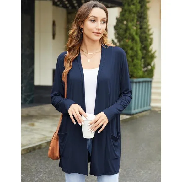 Women's Rayon Cardigan Loose Fit Pockets Open Front Long Sleeve Casual - Picture 4 of 9